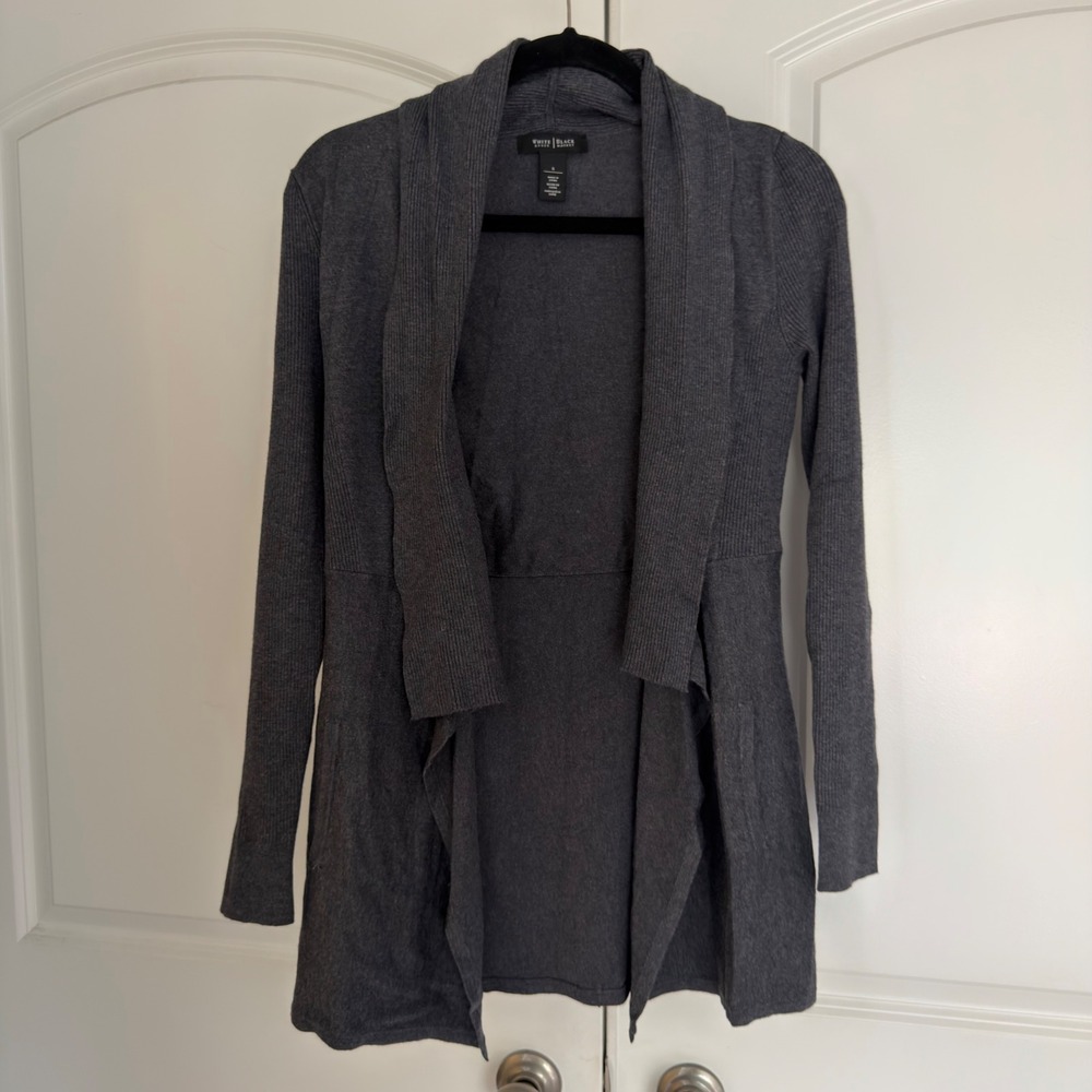 White House Black Market Gray Open Front Draped Shawl Collar Cardigan Sweater S
